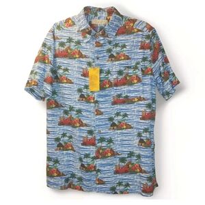 Island Republic Woody Island Hawaiian Shirt Men L Tiki Hut Surfer Retro Blue Nwt